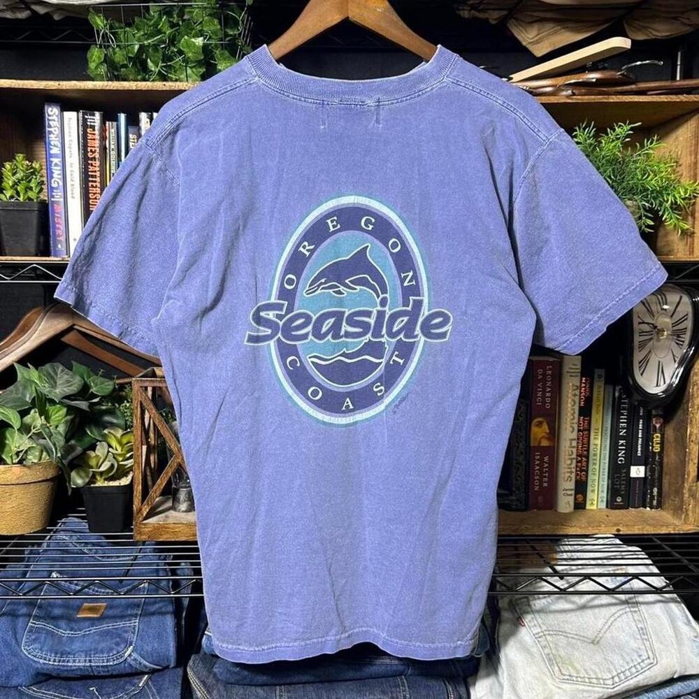 Vintage 90s Oregon Seaside Dolphin Surf Tee Blue Ocean Surfer Fish Shirt Medium